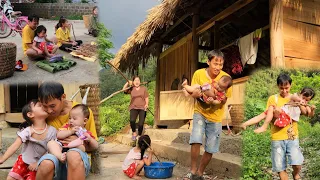 Single father, picks banana leaves to sell with his daughter,buys food,and brings his daughter home