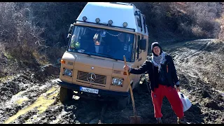 Mercedes 508 gets stuck in Albanian mudd