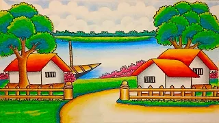 How to draw a beautiful village scenery drawing step by step | Riverside village scenery drawing