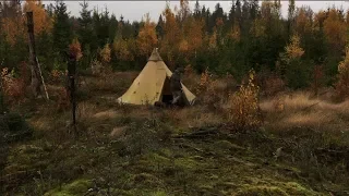 Solo Overnight Camp in the Rain - Bushcraft, Canvas Tent, Woodstove, Birch bark craft, Painting