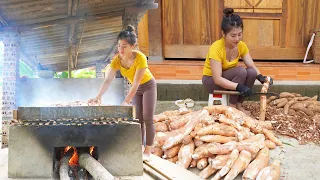 Harvest Cassava and Processing Dry Cassava On The Stove - Preserving cassava as animals feed