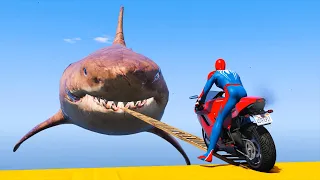 SUPERHEROES Bike Giant Shark Pit |Spider-Man Moto Bike Race Challenge The Meg - MEGALODON Shark GTA5
