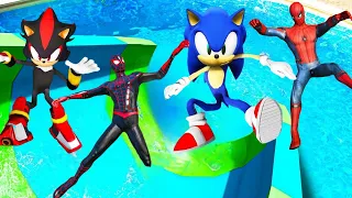 GTA 5 Mega Ramp - Sonic Shadow Miles Morales Spiderman - Funny Jump Fails | Euphoria Ragdolls