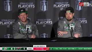 Ryan Suter and Jamie Benn at the Podium after Game 6 Win