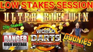 LOW STAKES SESSION 20P STAKE BONUSES INC WORLD DARTS, DANGER HIGH VOLTAGE...24K DRAGON HUGE WIN!!