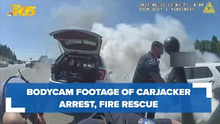 Bodycam video shows police arrest suspected carjacker, save woman from burning car