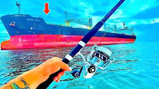 I TOSSED a LIVE! BAITFISH Under This FREIGHTER and Caught THIS! [Catch, Clean, Cook]