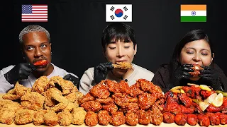 [AMERICA vs INDIA vs KOREA] People Try Each Other's Chicken!! FRIED, SPICY, TANDOORI (ASMR MUKBANG)