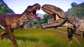 T-REX vs. LARGE CARNIVORE AND HERBIVORE DINOSAURS BATTLE IN JURASSIC WORLD EVOLUTION