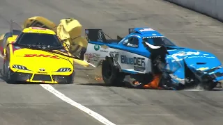 John Force Suffers A Big Crash And Gets Tangled With JR Todd In A Scary Moment From Pomona Dragstrip