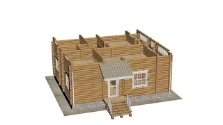 Rotating wooden home construction. Time-lapse 3d animation showing a process of building the house.