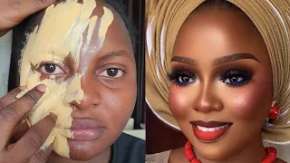 Bridal ✂️💇‍♀️ Makeup And Gele Transformation | Melanin Makeup Tutorial ✂️💉💉🔥🔥😱😱