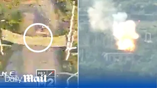 Ukraine drone attacks Russian tank avoiding enemy 'nets' placed to catch FPV drones