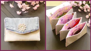 DIY No Zipper Accordion Pouch from Old Jeans Pocket and Fabric Scraps | Upcycle Craft