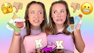 KAYLA & KALLI SWAP MAKEUP BAGS CHALLENGE 🔁😳💄