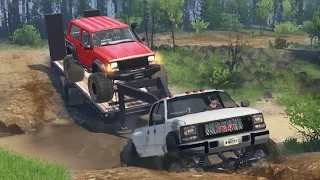 GMC Dually 4x4 Towing Challenge! Hauling Jeep Cherokee, Off-Roading, Mudding! (SpinTires)