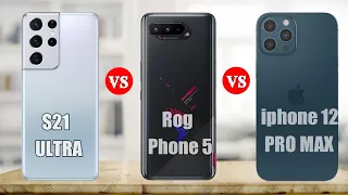 Asus Rog Phone 5 Vs iphone 12 Pro Max Vs Samsung Galaxy S21 Ultra | Gaming Test | battery test |