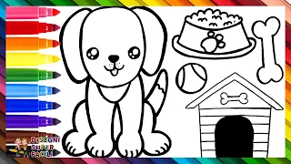 Disegnare e Colorare 3 Cani Carini con Accessori 🐶🐾🦴🐕🥫🏡🌈 Disegni per Bambini