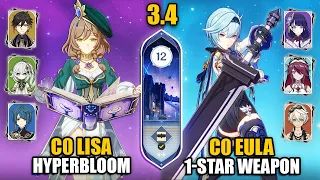 C0 Eula 1-Star Claymore & C0 Lisa Hyperbloom | F2P Spiral Abyss 3.4 Floor 12 9 Stars Genshin Impact