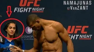 Ufc ring girl staring at ufc fighters during ufc weigh-in