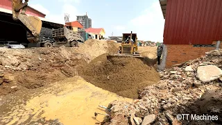 Update Project  Making Foundation New Village Road By Bulldozer Pushing Sand & Rock Into Water