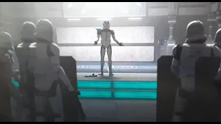 Captain Howzer speaks to the clones and breaks down peacefully. (Wood quality)