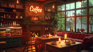 Rainy Spring Jazz Relaxing Music in Cozy Coffee Shop & Fireplace Sound Ambience for Work, Study