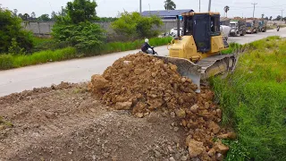 Firt Start Opening NewProject Processing Dump Truck With Bulldozer Pushing Land into Water