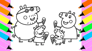 🔴 Coloring Peppa Pig, George, Daddy & Mummy Enjoying Ice Cream | Coloring Book Pages