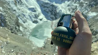 Throwing grenade at a frozen lake