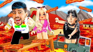 Roblox - DESAFIO DO CHÃO É BACON E LAVA COM A WANDINHA, BARBIE E VILÕES!! (O PISO É BACON E LAVA)