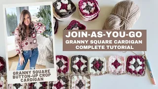 Granny Square Cardigan JOIN-AS-YOU-GO (JAYGO) Joining technique. Complete Crochet Cardigan tutorial