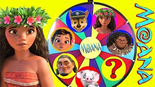 Juego de girar la rueda Moana de Disney con Skye de Paw Patrol, Maui, Sorpresa Emoji