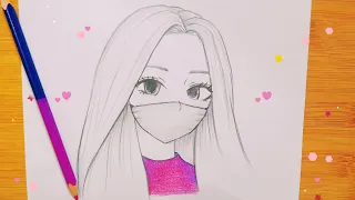 رسم سهل | تعليم رسم بنت انمي كيوت ترتدي كمامة بطريقة سهلة جدا للمبتدئين |رسم انمي كيوت |رسومات بنات