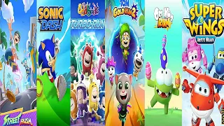 Talking Tom Gold Run 2 vs Sonic Dash vs Om Nom Run vs Super Wings Jet Run vs Oddbods Turbo Run