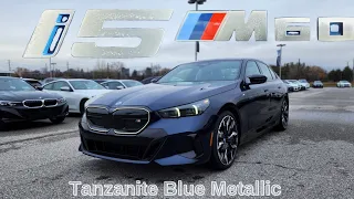 NEW ARRIVAL! 2024 BMW i5 M60 Tanzanite Blue Metallic on Burgundy Quilted Veganza