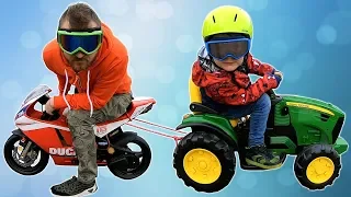 Tractor vs Motor bike Race | Timko and Papa Ride on Toy Cars #timkokid