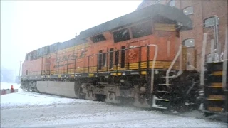 CN BNSF BCR LOCOMOTIVES IN MONTREAL SNOWSTORM & VIA RAIL TRAIN 12/10/14