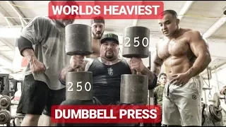 HEAVIEST DUMBBELL PRESS IN THE WORLD WITH RONNIE COLEMAN (250 POUNDS EACH)