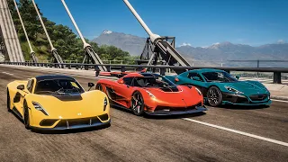 Forza Horizon 5 Drag race: Hennessey Venom F5 vs Rimac C2 vs Koenigsegg Jesko