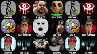 Stickman Jailbreak, Eyes, Mr Meat 2, Baldi Supoer Extra Scary Mod, PvZ 2, Scary Teacher 3D....