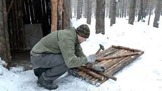 Build a shelter in the forest, make a window in a wooden hut, encounter a snowstorm