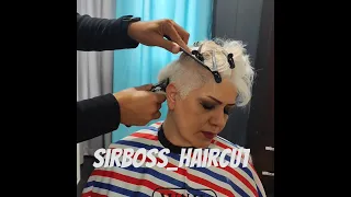 headshave woman  white hair in office by man