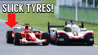 Ferrari F1 2004 with SLICK TYRES vs Porsche 919 EVO at Imola GP