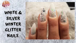 White and Silver Winter Glitter Nails