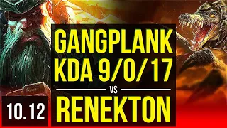 GANGPLANK vs RENEKTON (TOP) | KDA 9/0/17, 1.3M mastery points, 500+ games | KR Diamond | v10.12