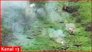 Combat footage of Ukrainian tanks approaching Russian positions and firing continuously