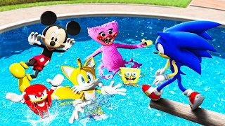 GTA 5 Sonic and Friends Water Ragdolls Falls (Mickey, Huggy Wuggy, Tails, Knuckles, Sponge Bob)