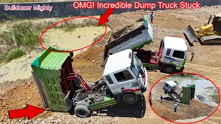 OMG! Incredible Dump Truck Stuck, Bulldozer KOMATSU DR51PX Push Soil & Stone