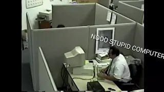 man destroys computer with subtitle